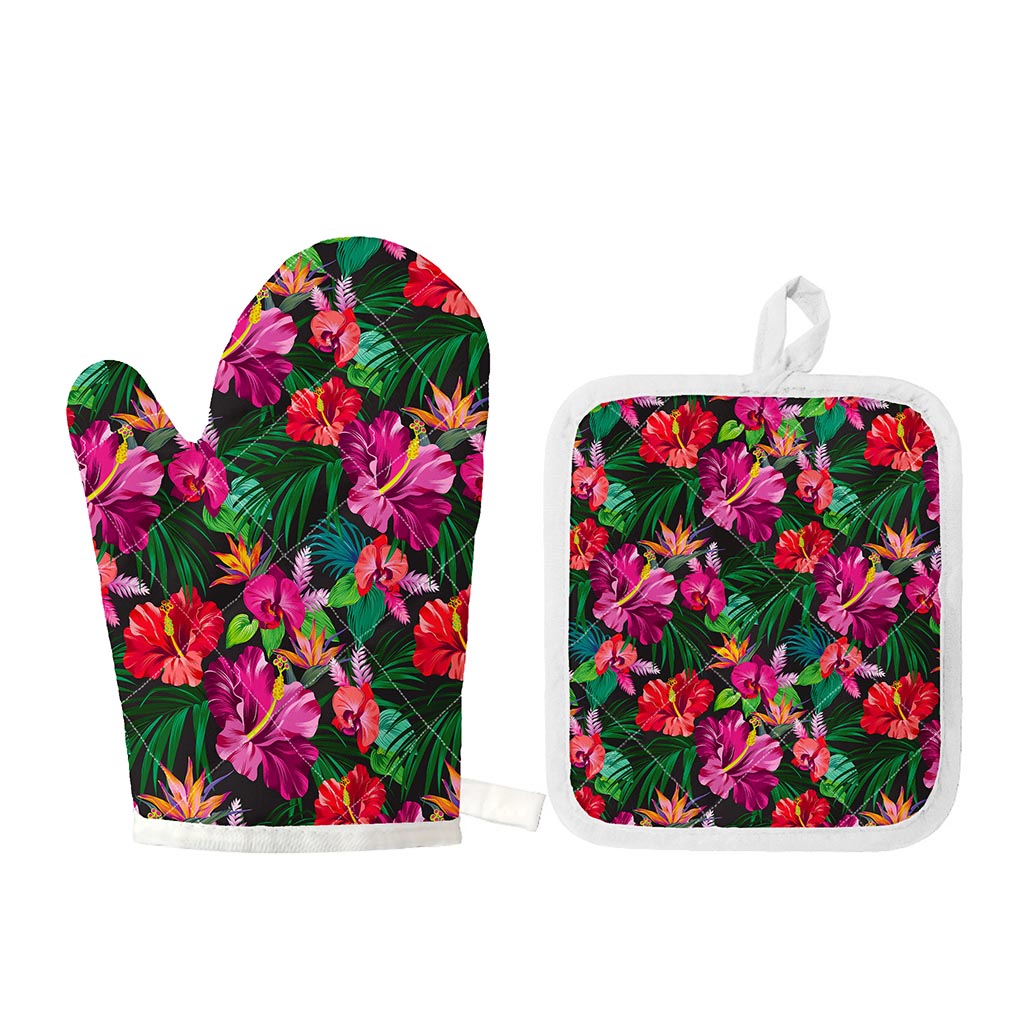 Hawaiian Floral Flowers Pattern Print Oven Mitt And Pot Holder Set