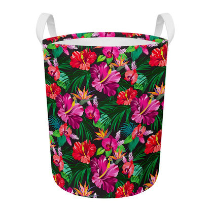 Hawaiian Floral Flowers Pattern Print Round Laundry Basket
