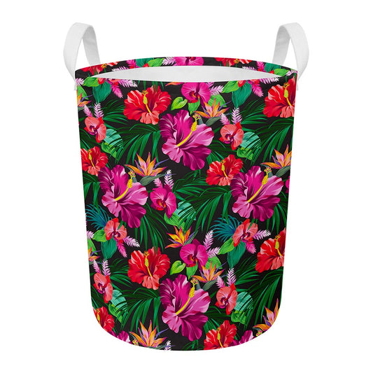 Hawaiian Floral Flowers Pattern Print Round Laundry Basket