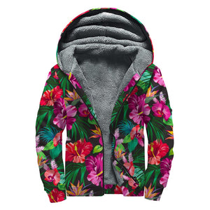 Hawaiian Floral Flowers Pattern Print Sherpa Lined Zip Up Hoodie