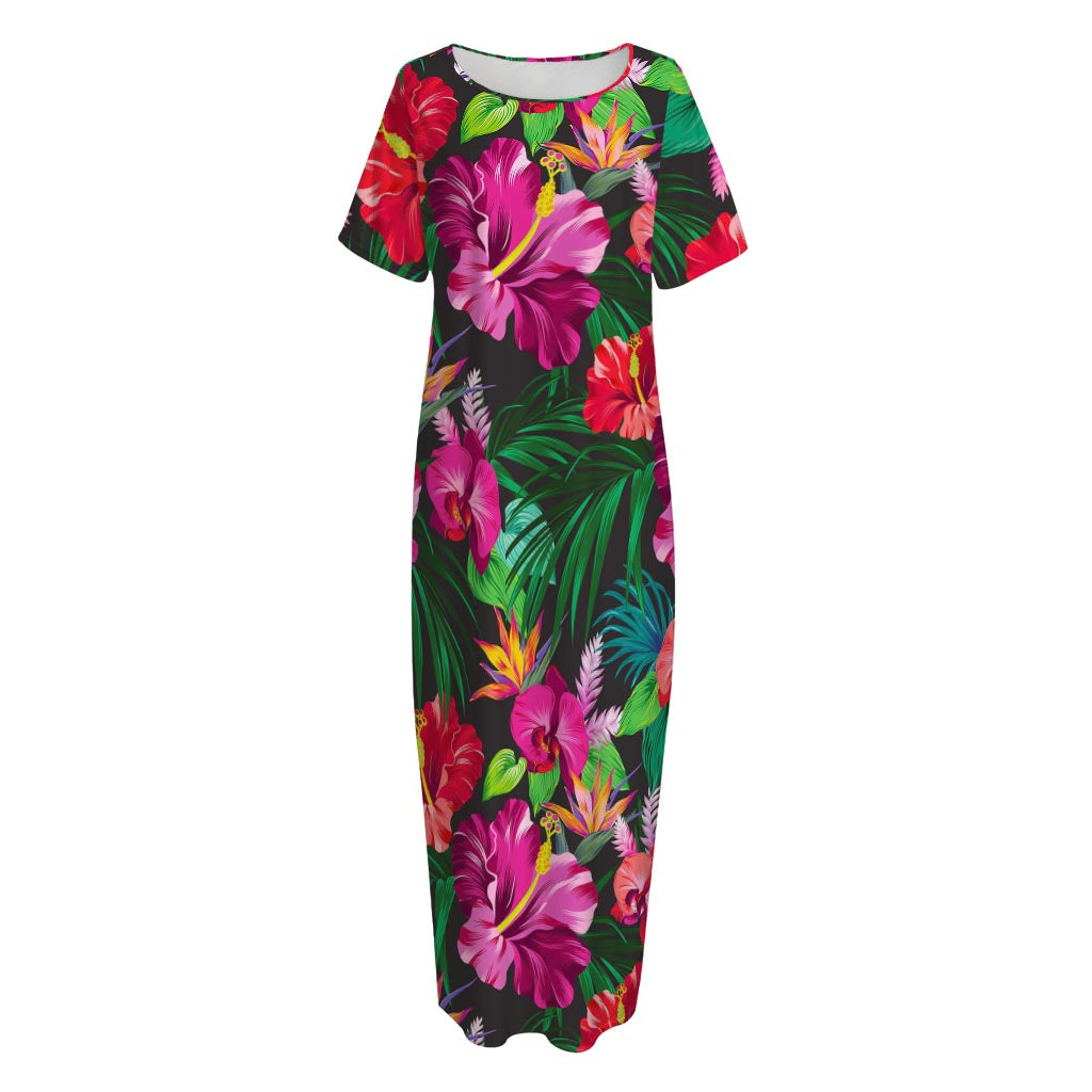 Hawaiian Floral Flowers Pattern Print Short Sleeve Long Nightdress