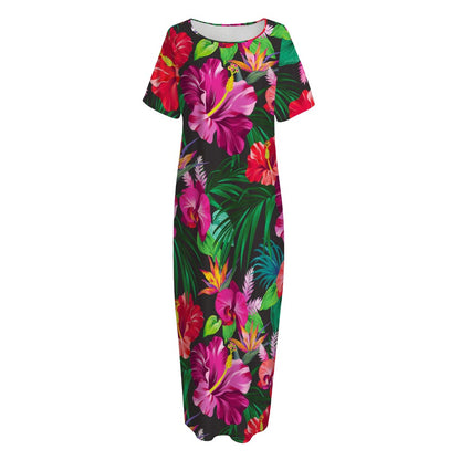 Hawaiian Floral Flowers Pattern Print Short Sleeve Long Nightdress