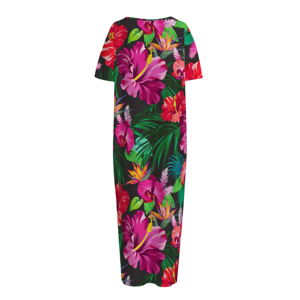 Hawaiian Floral Flowers Pattern Print Short Sleeve Long Nightdress