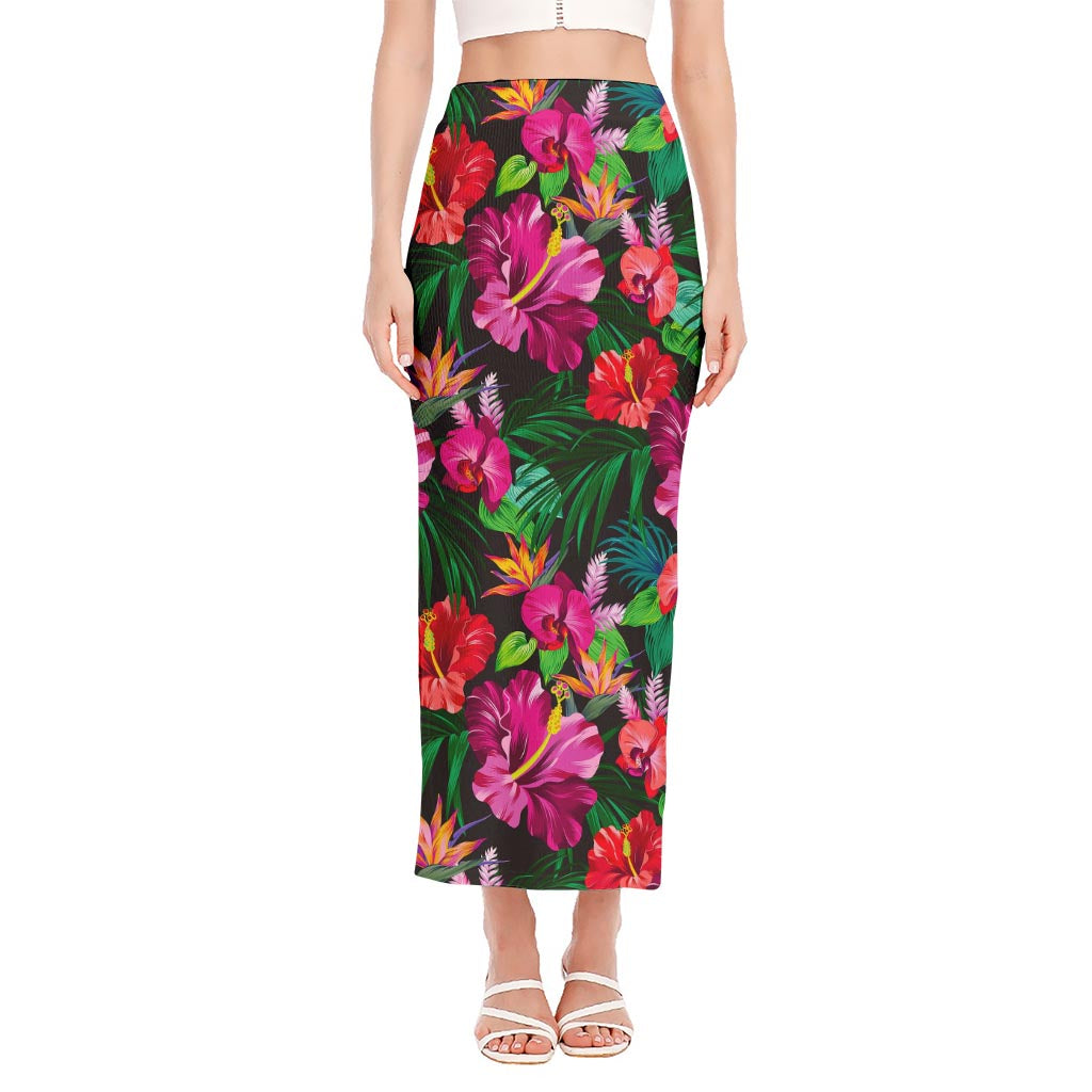 Hawaiian Floral Flowers Pattern Print Side Slit Maxi Skirt