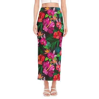Hawaiian Floral Flowers Pattern Print Side Slit Maxi Skirt