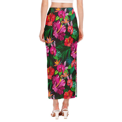 Hawaiian Floral Flowers Pattern Print Side Slit Maxi Skirt