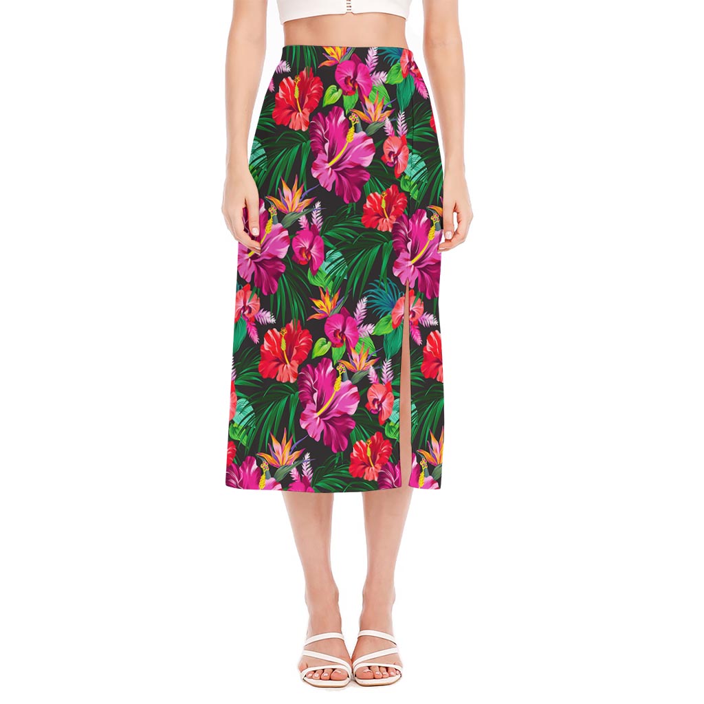 Hawaiian Floral Flowers Pattern Print Side Slit Midi Skirt