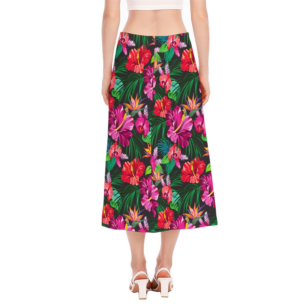 Hawaiian Floral Flowers Pattern Print Side Slit Midi Skirt