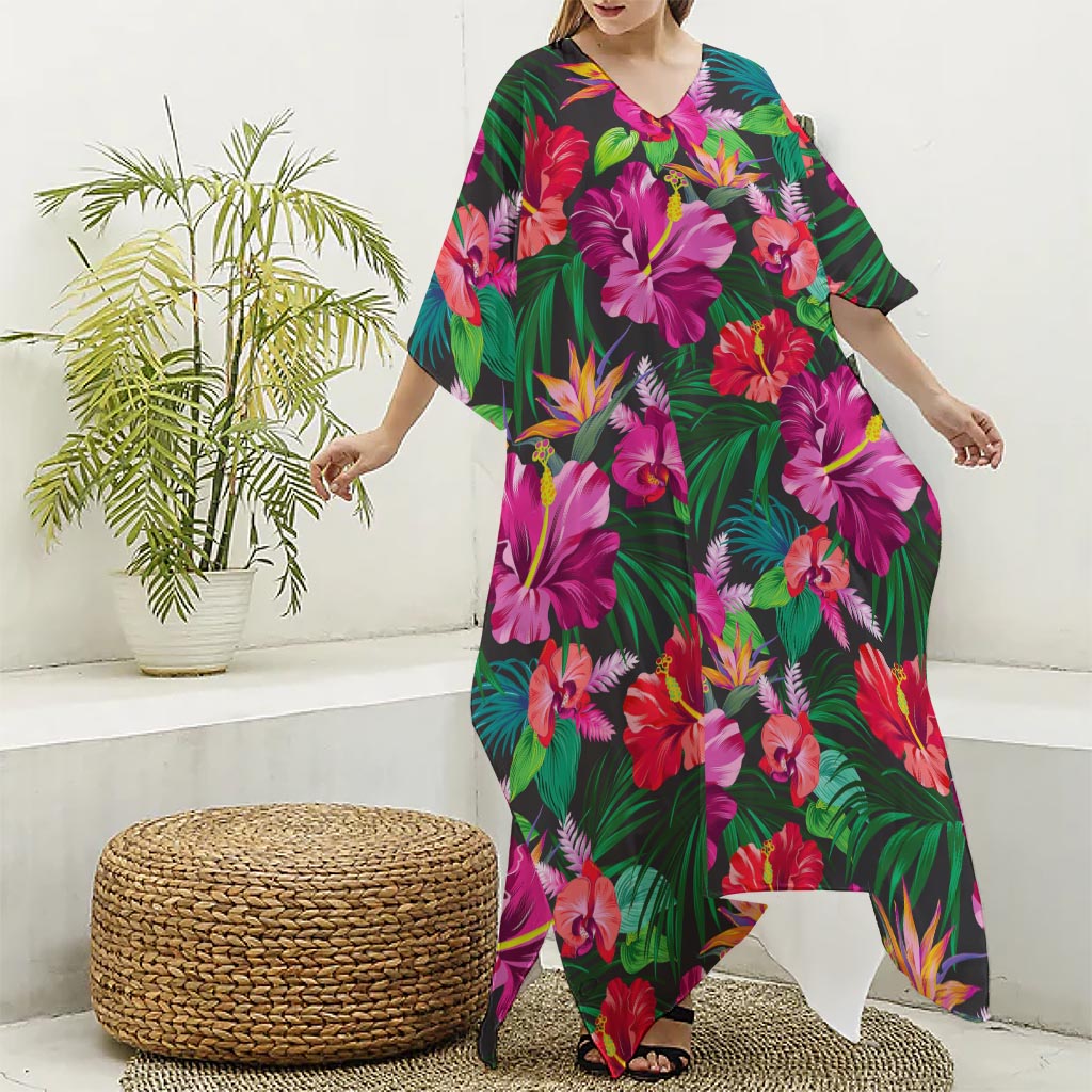 Hawaiian Floral Flowers Pattern Print Silk V-Neck Kaftan Dress