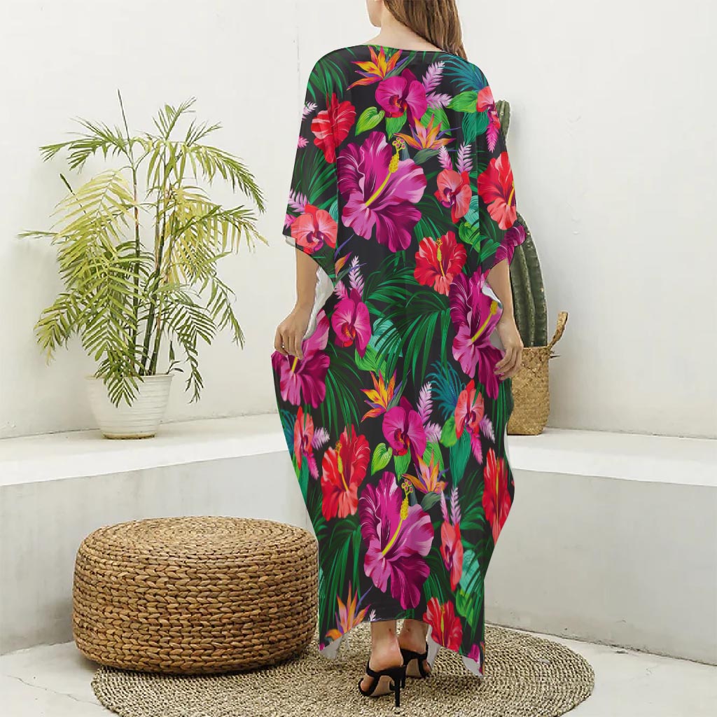 Hawaiian Floral Flowers Pattern Print Silk V-Neck Kaftan Dress