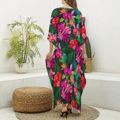 Hawaiian Floral Flowers Pattern Print Silk V-Neck Kaftan Dress