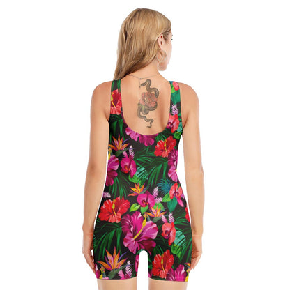 Hawaiian Floral Flowers Pattern Print Sleeveless One Piece Swimsuit