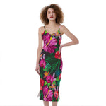 Hawaiian Floral Flowers Pattern Print Slim Fit Midi Cami Dress