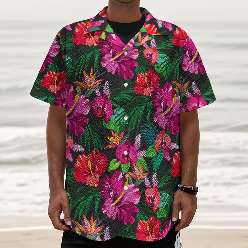 Hawaiian Floral Flowers Pattern Print Textured Short Sleeve Shirt