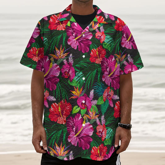 Hawaiian Floral Flowers Pattern Print Textured Short Sleeve Shirt