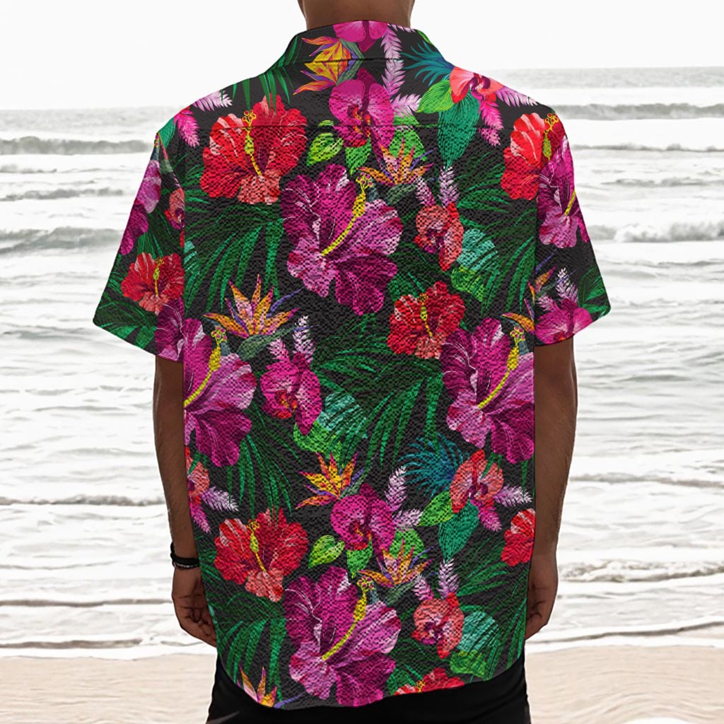 Hawaiian Floral Flowers Pattern Print Textured Short Sleeve Shirt