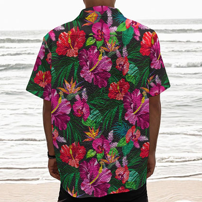 Hawaiian Floral Flowers Pattern Print Textured Short Sleeve Shirt