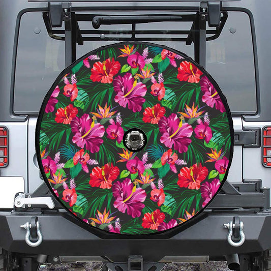 Hawaiian Floral Flowers Pattern Print Tire Cover With Camera Hole