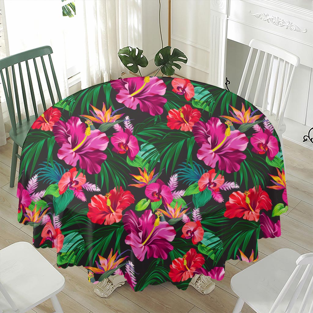 Hawaiian Floral Flowers Pattern Print Waterproof Round Tablecloth