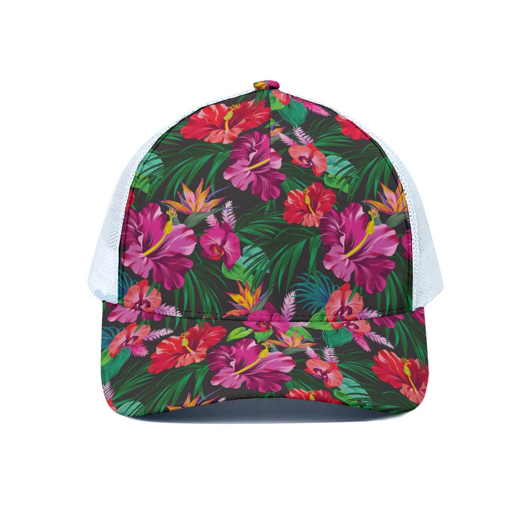 Hawaiian Floral Flowers Pattern Print White Mesh Trucker Cap