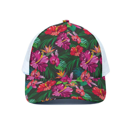 Hawaiian Floral Flowers Pattern Print White Mesh Trucker Cap