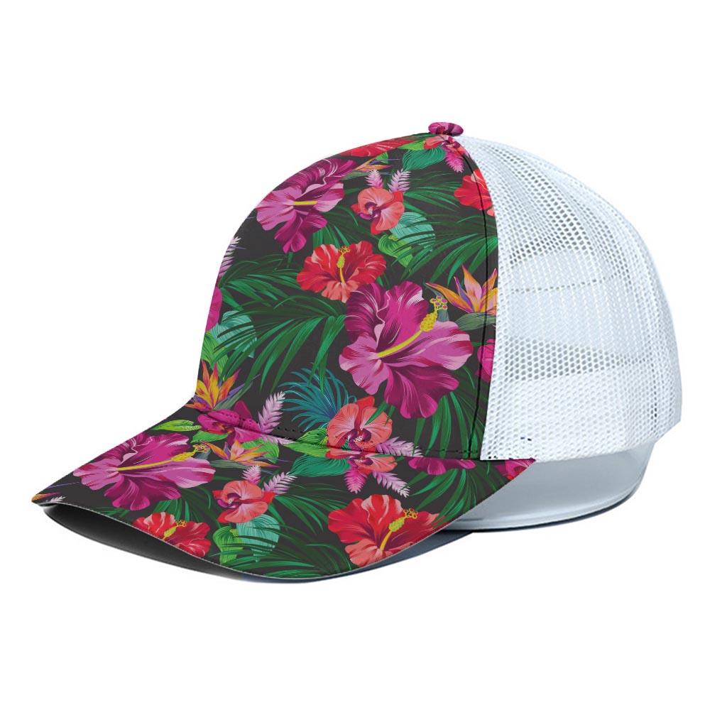 Hawaiian Floral Flowers Pattern Print White Mesh Trucker Cap