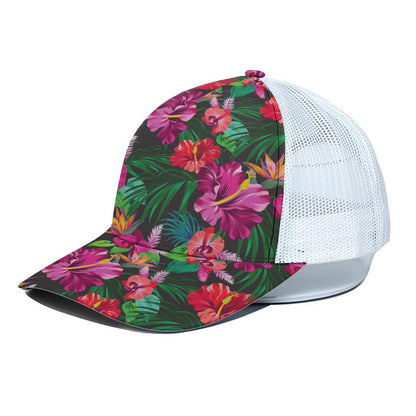 Hawaiian Floral Flowers Pattern Print White Mesh Trucker Cap
