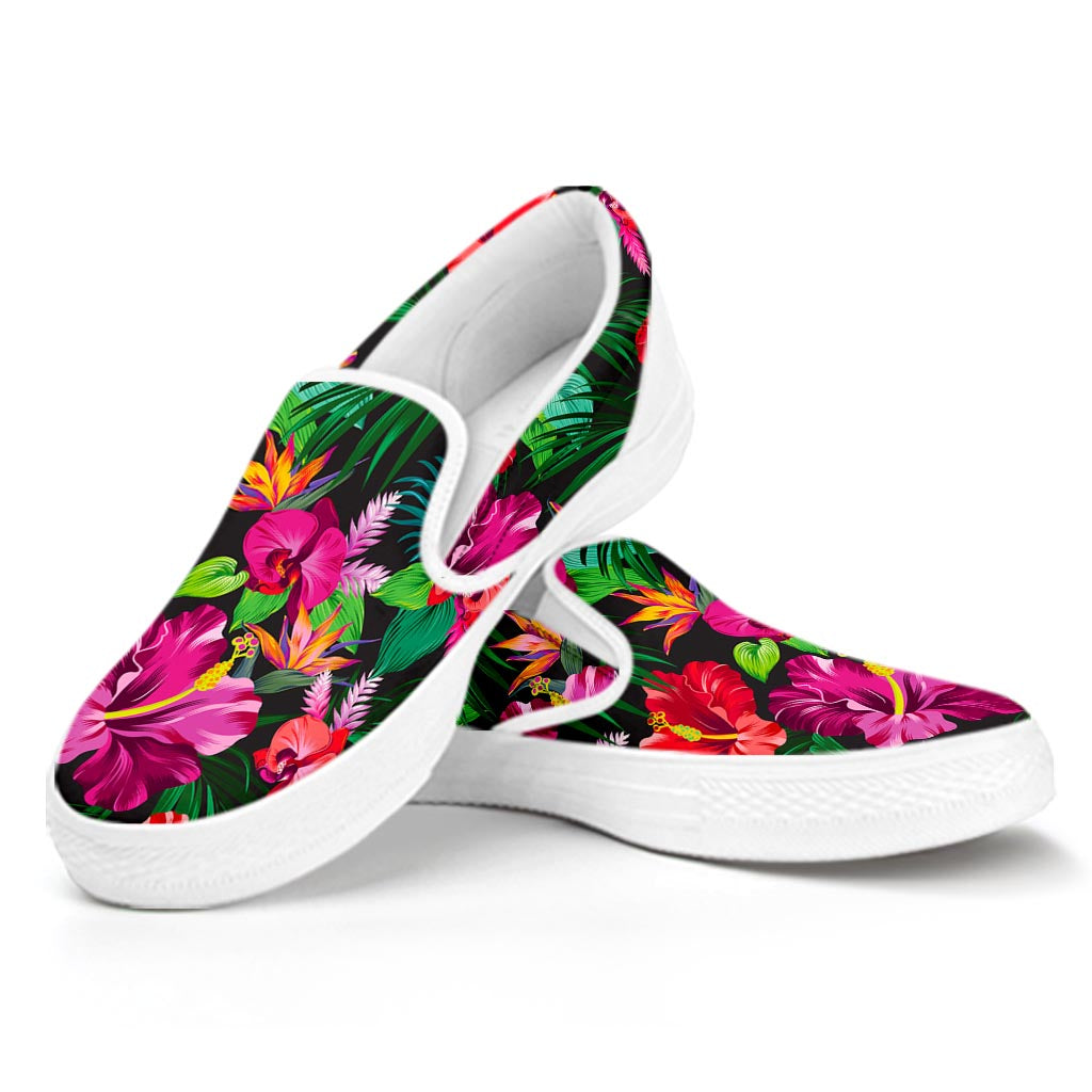 Hawaiian Floral Flowers Pattern Print White Slip On Sneakers