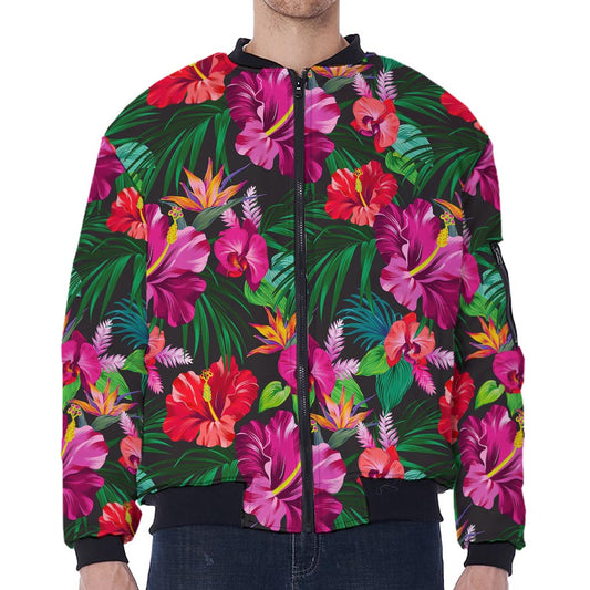 Hawaiian Floral Flowers Pattern Print Zip Sleeve Bomber Jacket