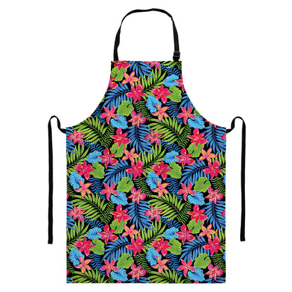 Hawaiian Floral Pattern Print Bib Apron With Pocket