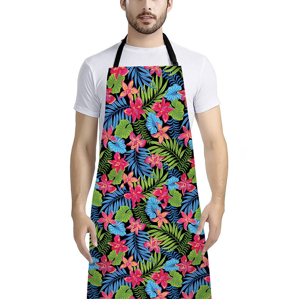 Hawaiian Floral Pattern Print Bib Apron With Pocket