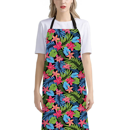 Hawaiian Floral Pattern Print Bib Apron With Pocket