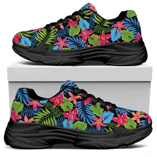 Hawaiian Floral Pattern Print Black Chunky Shoes