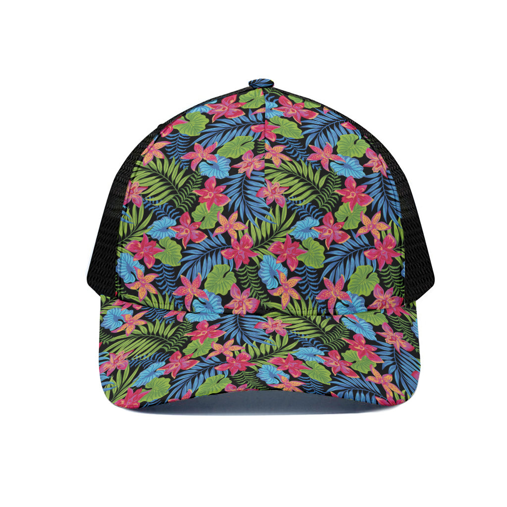 Hawaiian Floral Pattern Print Black Mesh Trucker Cap
