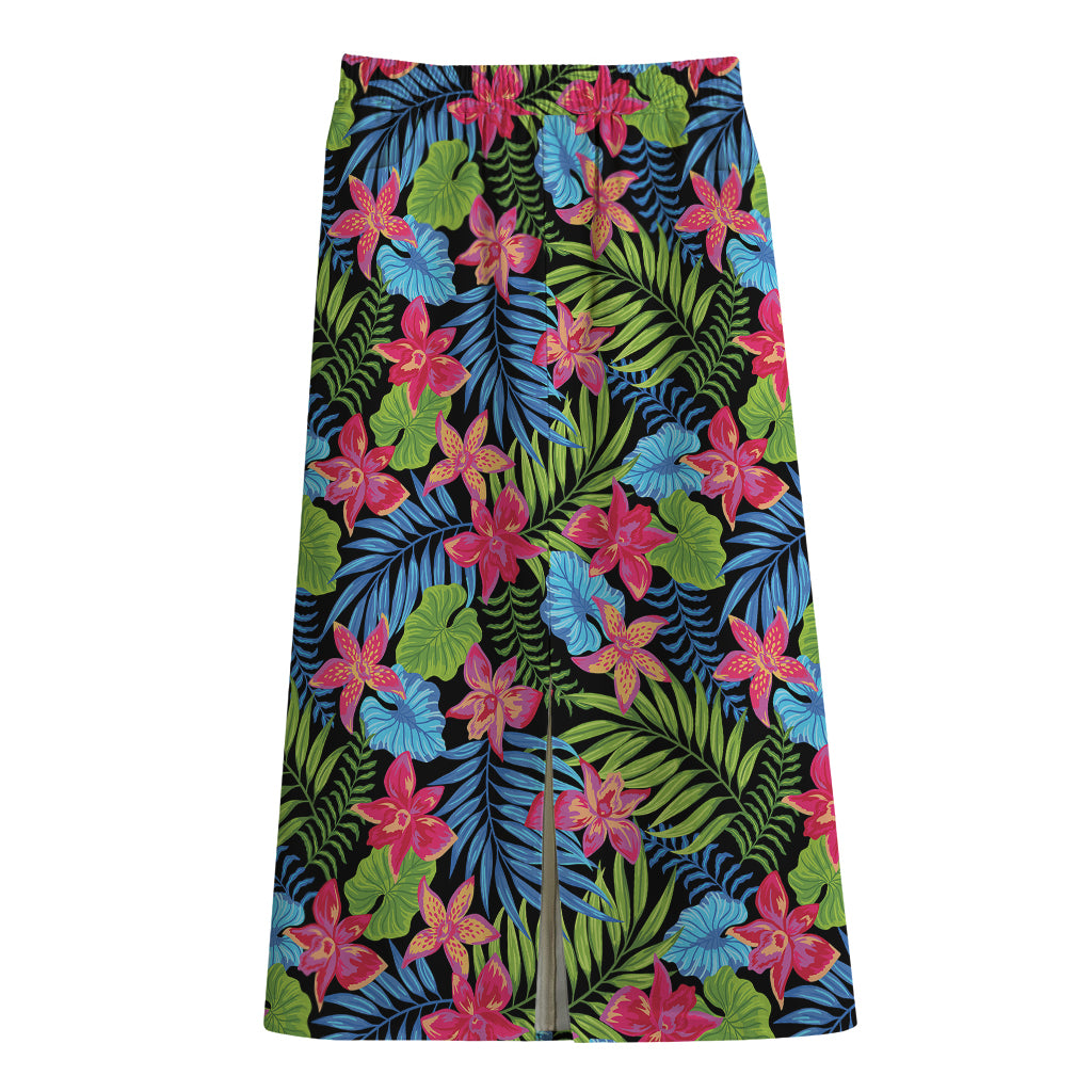 Hawaiian Floral Pattern Print Cotton Front Slit Maxi Skirt