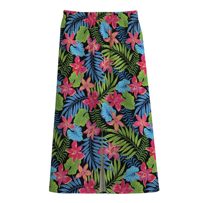 Hawaiian Floral Pattern Print Cotton Front Slit Maxi Skirt