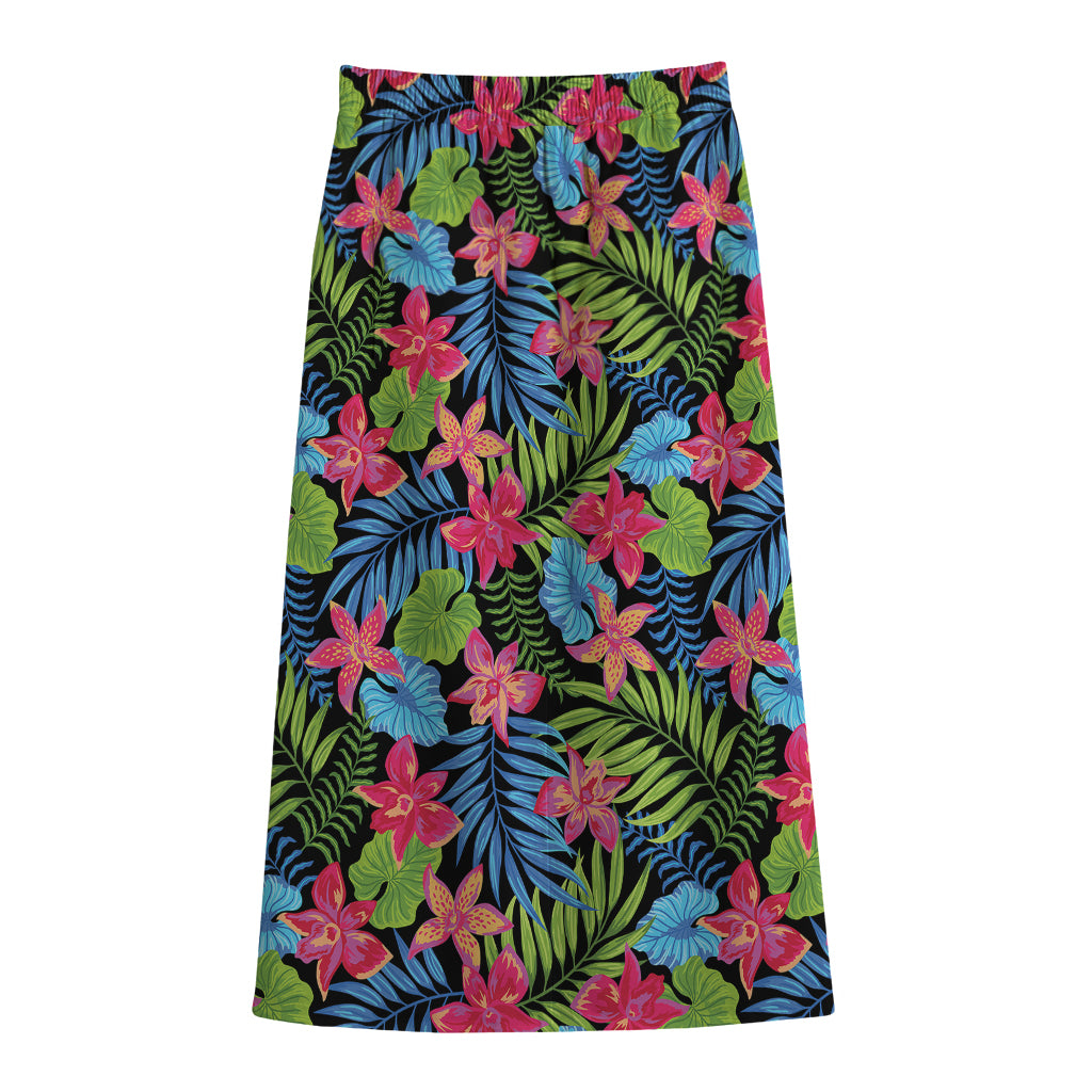 Hawaiian Floral Pattern Print Cotton Front Slit Maxi Skirt