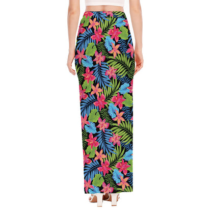 Hawaiian Floral Pattern Print High Slit Maxi Skirt