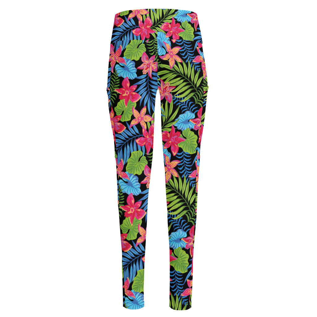 Hawaiian Floral Pattern Print High-Waisted Pocket Leggings