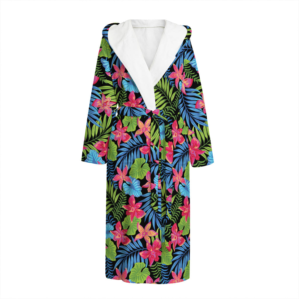 Hawaiian Floral Pattern Print Hooded Bathrobe