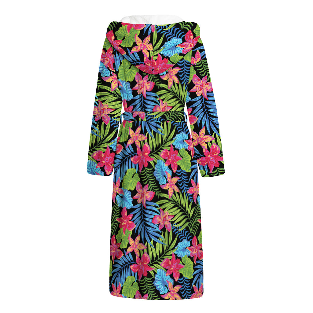 Hawaiian Floral Pattern Print Hooded Bathrobe