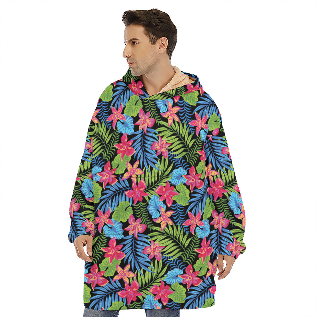 Hawaiian Floral Pattern Print Hoodie Blanket