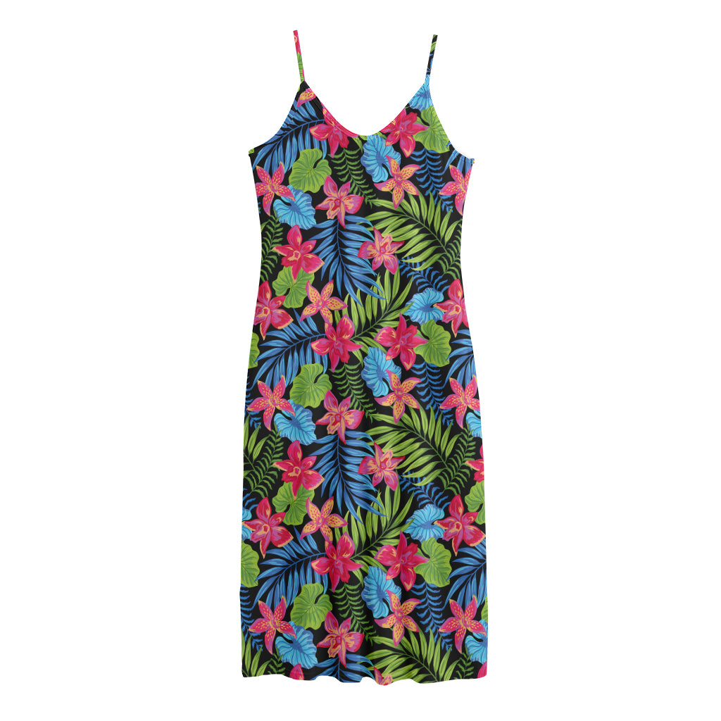 Hawaiian Floral Pattern Print Jersey Midi Cami Dress