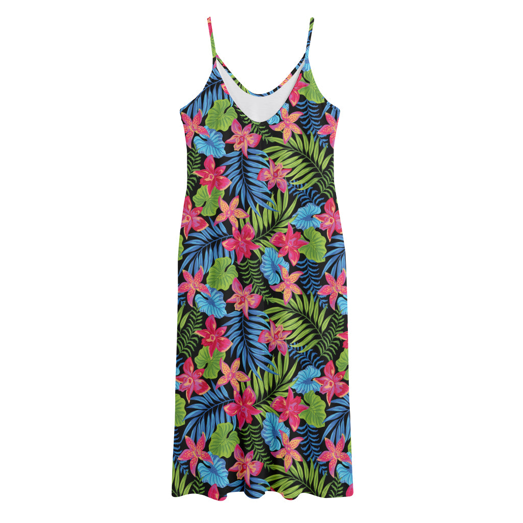 Hawaiian Floral Pattern Print Jersey Midi Cami Dress