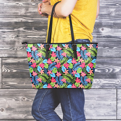 Hawaiian Floral Pattern Print Leather Tote Bag