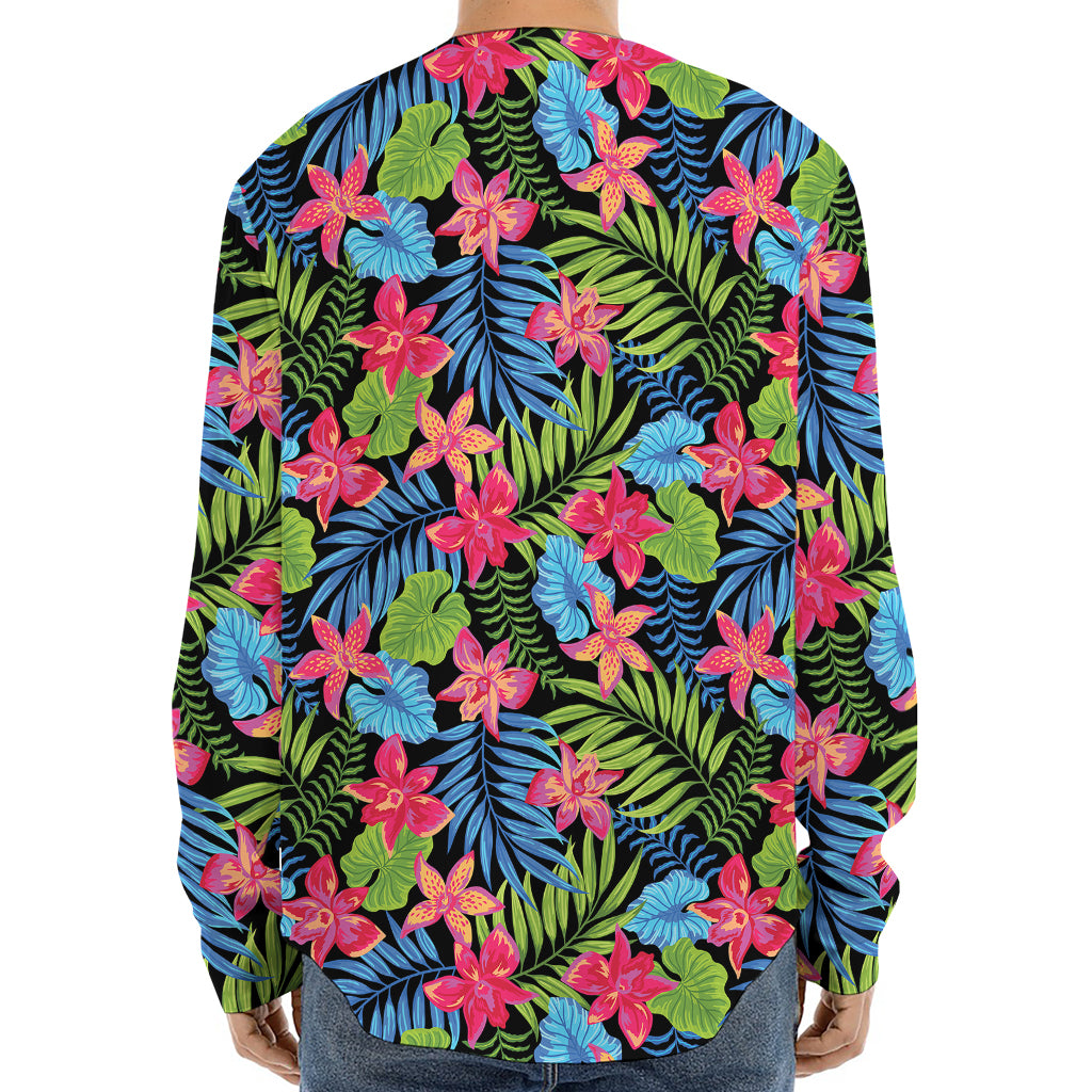 Hawaiian Floral Pattern Print Long Sleeve Baseball Jersey