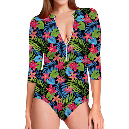 Hawaiian Floral Pattern Print Long Sleeve Swimsuit