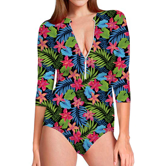 Hawaiian Floral Pattern Print Long Sleeve Swimsuit