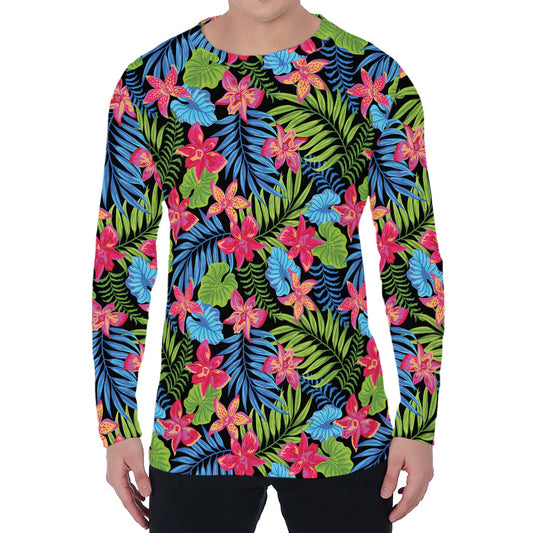 Hawaiian Floral Pattern Print Men's Long Sleeve T-Shirt