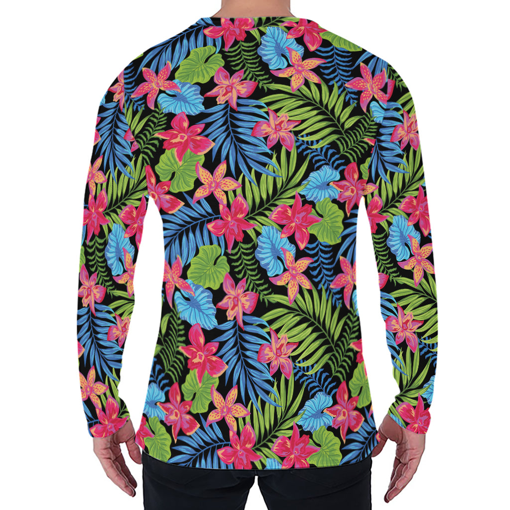 Hawaiian Floral Pattern Print Men's Long Sleeve T-Shirt